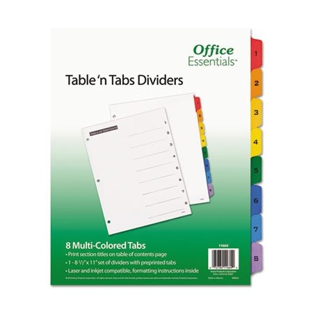 Avery Dennison Office Ess, TABLE 'N TABS DIVIDERS, 8-TAB, 1 TO 8, 11 X 8.5, WHITE 11669